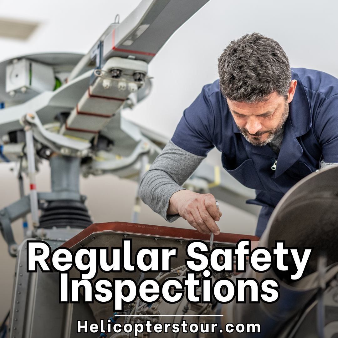 A certified technician performs a pre-flight safety inspection on a helicopter used for scenic tours. This image highlights the rigorous maintenance checks and safety protocols followed by tour operators to ensure passenger security during helicopter rides. Learn more at helicopterstour.com.