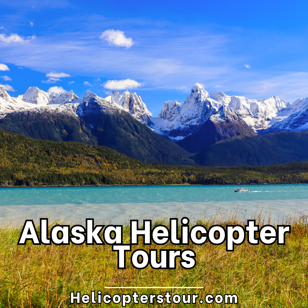 Helicopter flying over Alaskan glaciers with deep crevasses and snow-capped peaks in view. Alaska helicopter tours offer remote wilderness access and breathtaking ice landscapes.