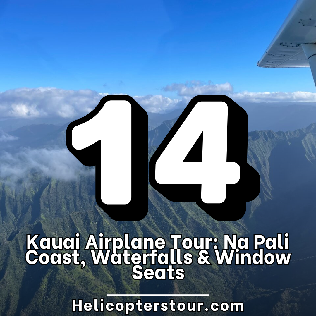 Kauai Airplane Tour: Na Pali Coast, Waterfalls & Window Seats Scenic airplane with bubble windows flying above Kauai’s rugged landscape, showcasing Waimea Canyon, Wailua Falls, and the Napali Coast.