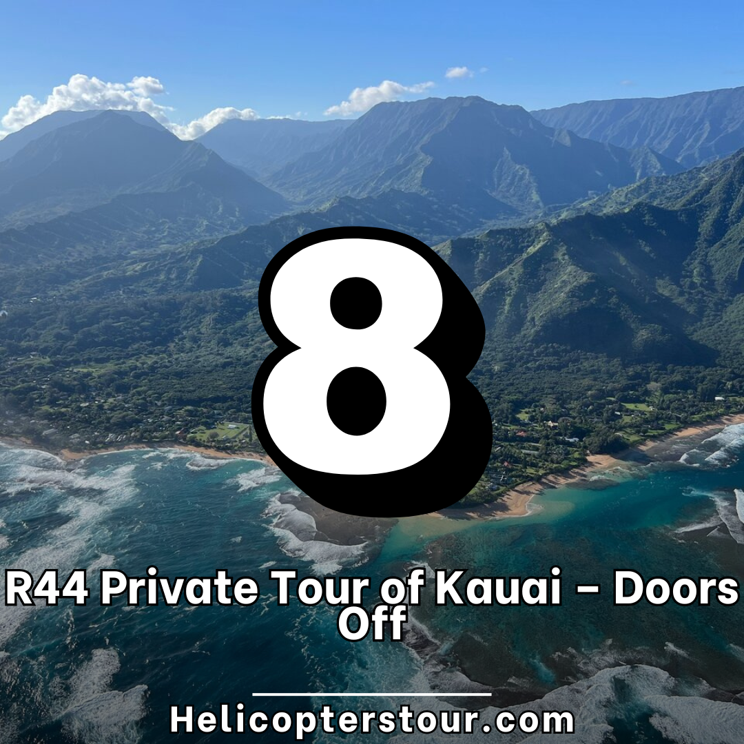 R44 Private Tour of Kauai – Doors Off Private doors-off helicopter soaring above Kauai’s coastline, with aerial views of waterfalls, sea cliffs, and the Garden Isle’s rainforests.
