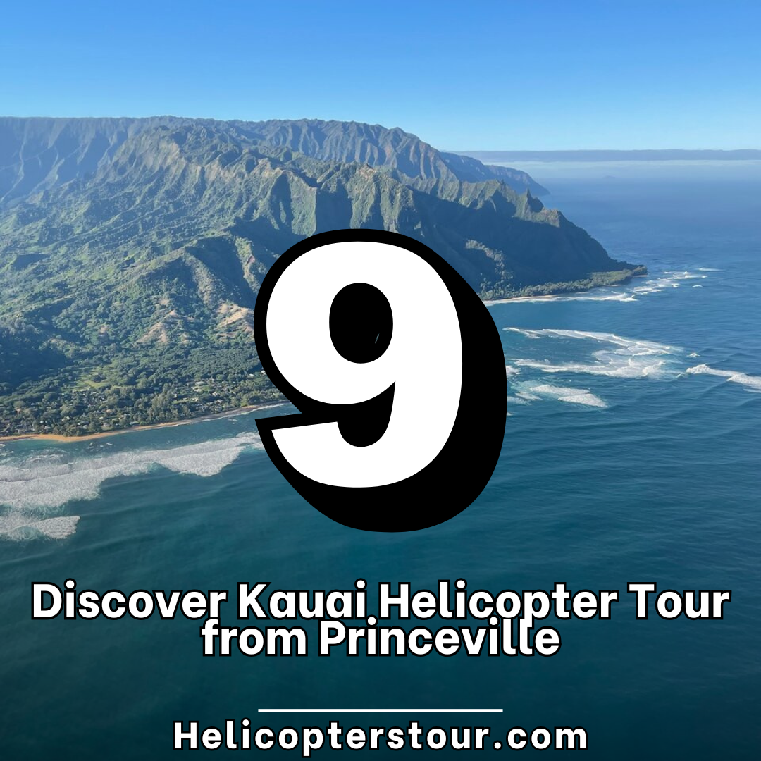 Discover Kauai Helicopter Tour from Princeville Helicopter departing from Princeville Airport flying over lush North Shore terrain with views of Hanalei Bay, Waimea Canyon, and Napali cliffs.