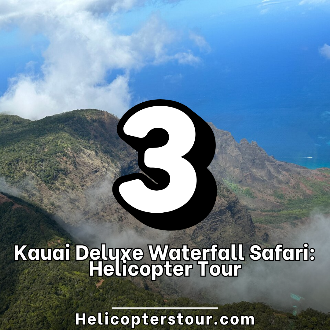 Kauai Deluxe Waterfall Safari: Helicopter Tour Doors-on helicopter soaring above lush valleys and waterfalls in Kauai. Aerial shot includes Napali cliffs and Waimea Canyon in full view.