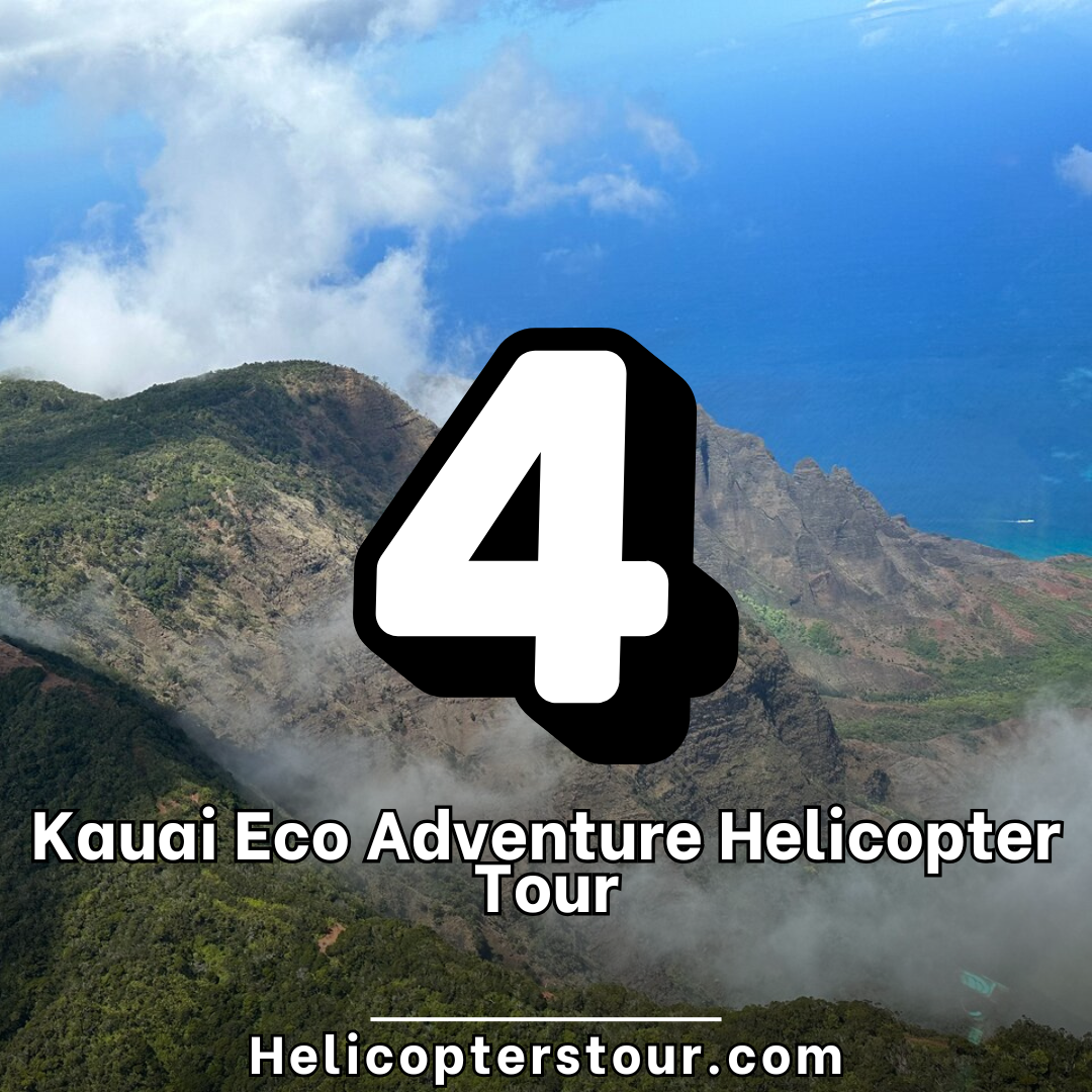 Kauai Eco Adventure Helicopter Tour Eco-Star helicopter flying over dramatic scenery on Kauai including waterfalls, red canyons, and sea cliffs along the Napali Coast.