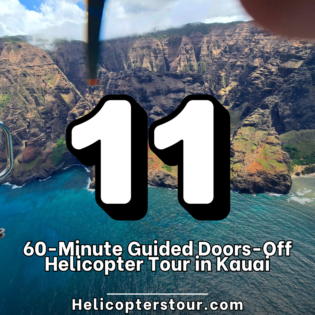 60-Minute Guided Doors-Off Helicopter Tour in Kauai Doors-off helicopter flying low over Kalalau Valley, Waimea Canyon, and the stunning North Shore beaches of Kauai.