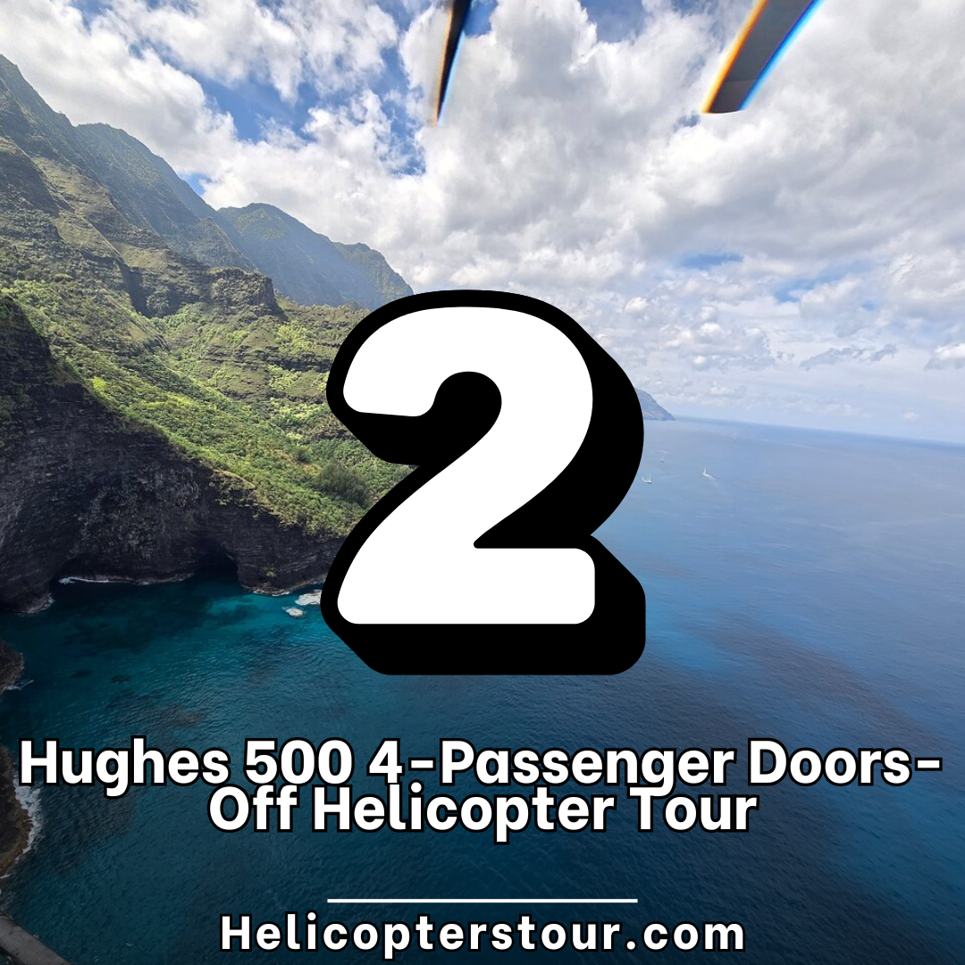 Hughes 500 4-Passenger Doors-Off Helicopter Tour Helicopter flying doors-off above scenic landscapes of Kauai with unobstructed views of Jurassic Falls, Waimea Canyon, and the Na Pali coastline.