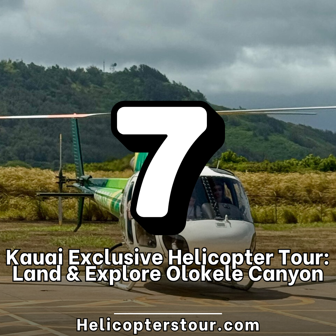 Kauai Exclusive Helicopter Tour: Land & Explore Olokele Canyon Helicopter flying over Kauai with mid-tour landing at remote Olokele Canyon. Scenic views of Napali cliffs and jungle valleys.
