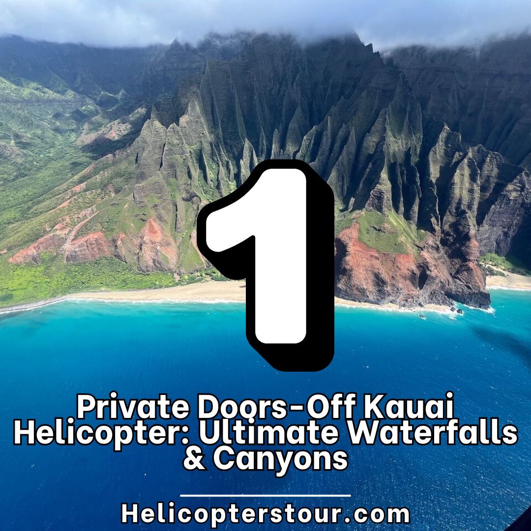 Private Doors-Off Kauai Helicopter: Ultimate Waterfalls & Canyons Helicopter flying doors-off above Kauai’s waterfalls, canyons, and rugged terrain. Clear aerial views of Waimea Canyon, Jurassic Falls, and the Na Pali Coast.