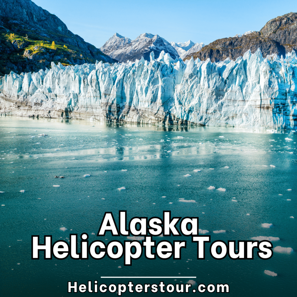 Alaska Helicopter Tours (2) Scenic aerial image of a helicopter landing on a glacier in Alaska, surrounded by untouched alpine terrain. A thrilling and rare experience only possible through helicopter adventure tours.
