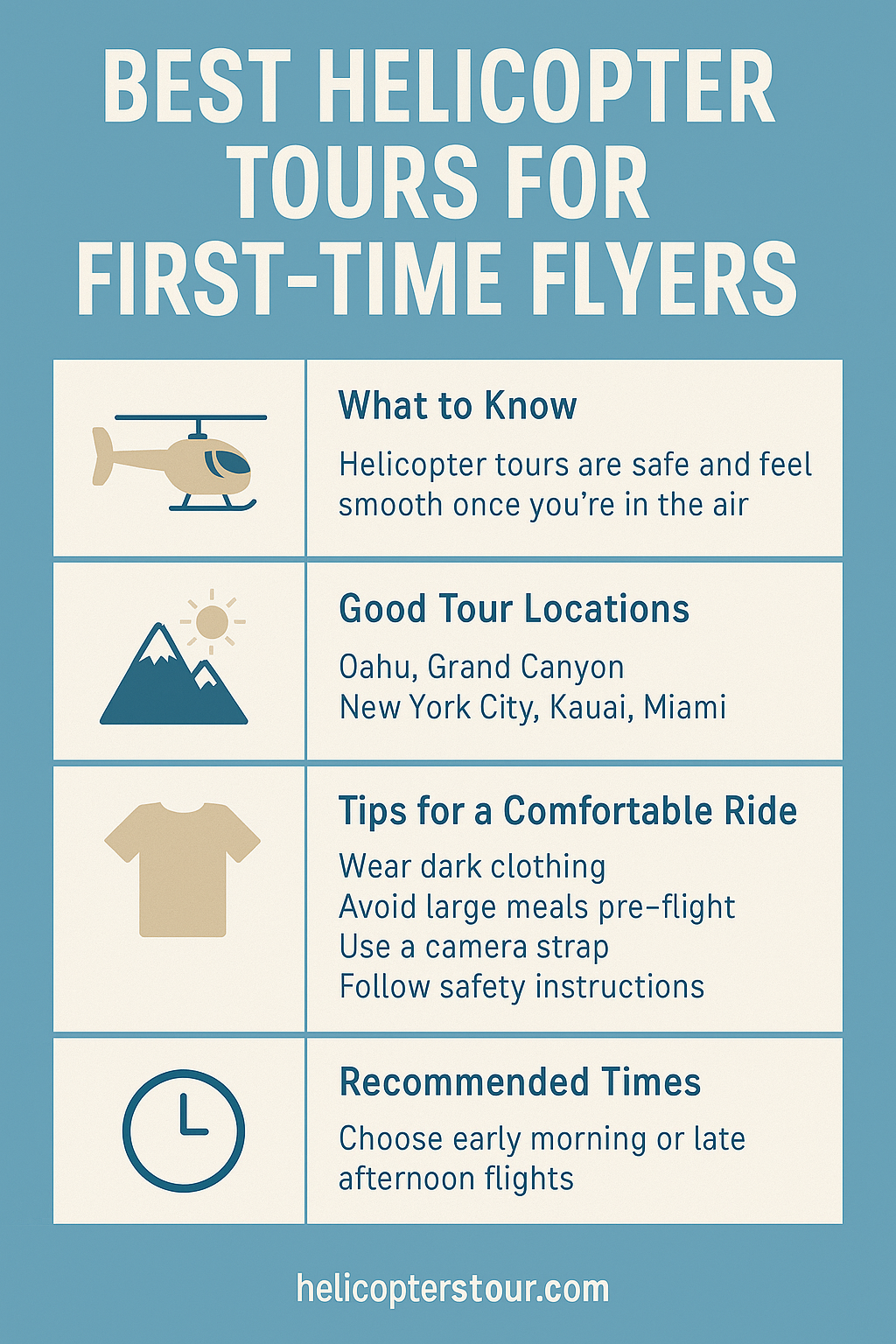This infographic highlights the best helicopter tours for first-time flyers, including beginner-friendly destinations like Oahu, the Grand Canyon, New York City, and Miami. It also outlines helpful tips for a smooth experience, such as wearing dark clothing, flying in the morning, and choosing shorter flights. Designed to help new riders feel confident and prepared, this visual guide supports travel planning for scenic helicopter tours. Learn more at helicopterstour.com.