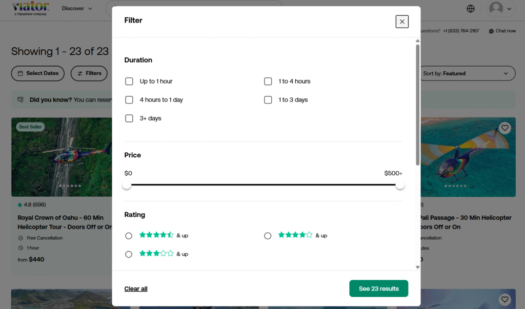 How to filter for tour duration, price and rating for helicopter tours on Viator