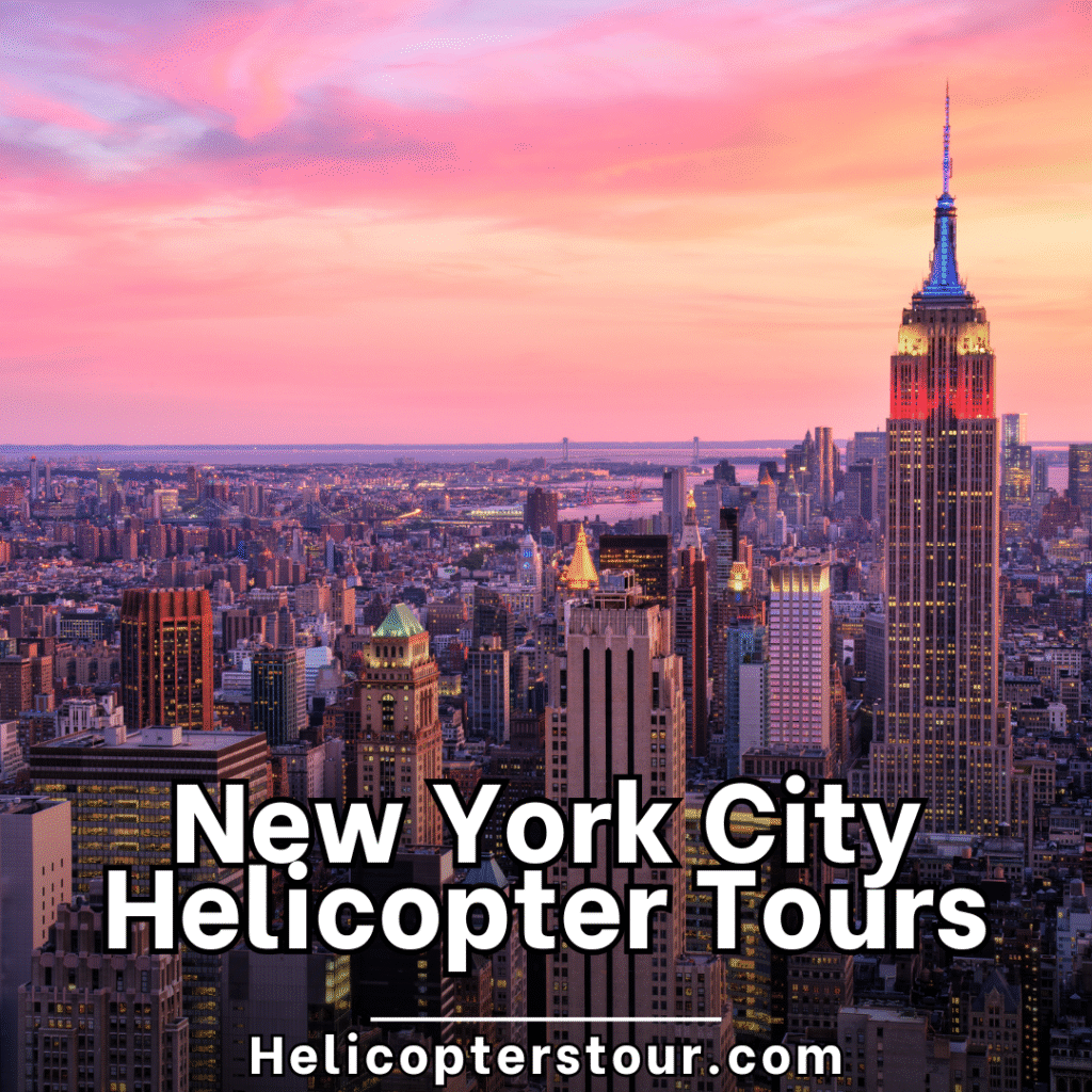 Helicopter flying above Manhattan skyline with views of the Empire State Building, Central Park, and the Hudson River. Iconic NYC aerial tour offering unbeatable photo opportunities.