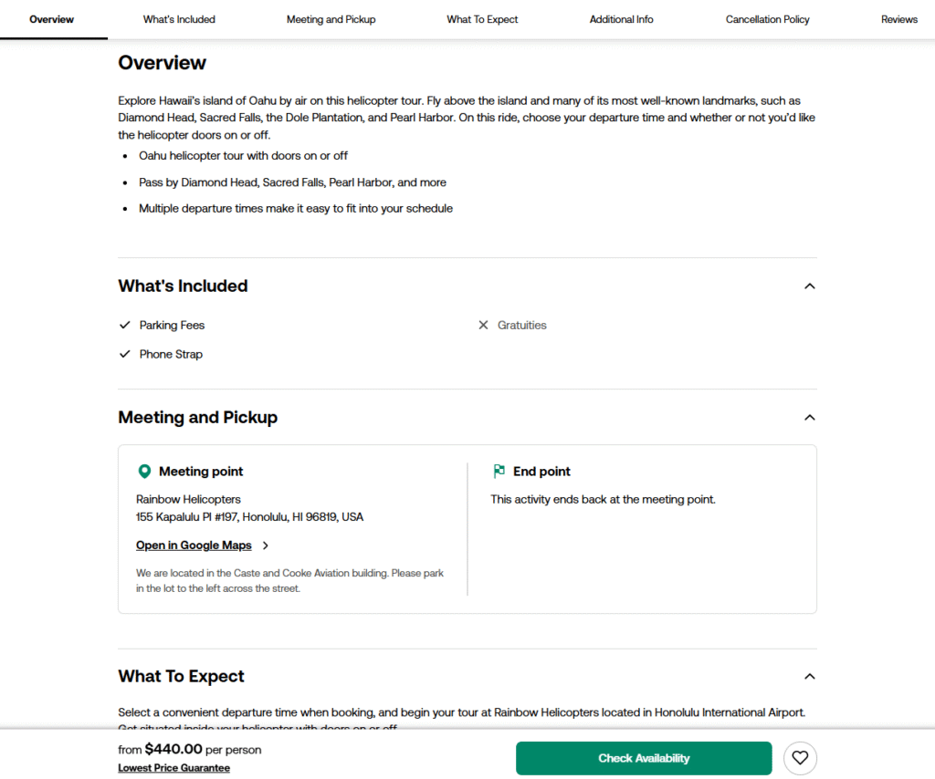 How to see what is included in your helicopter tour,meeting and pickup area and What to expect for the flight. All available on Viator