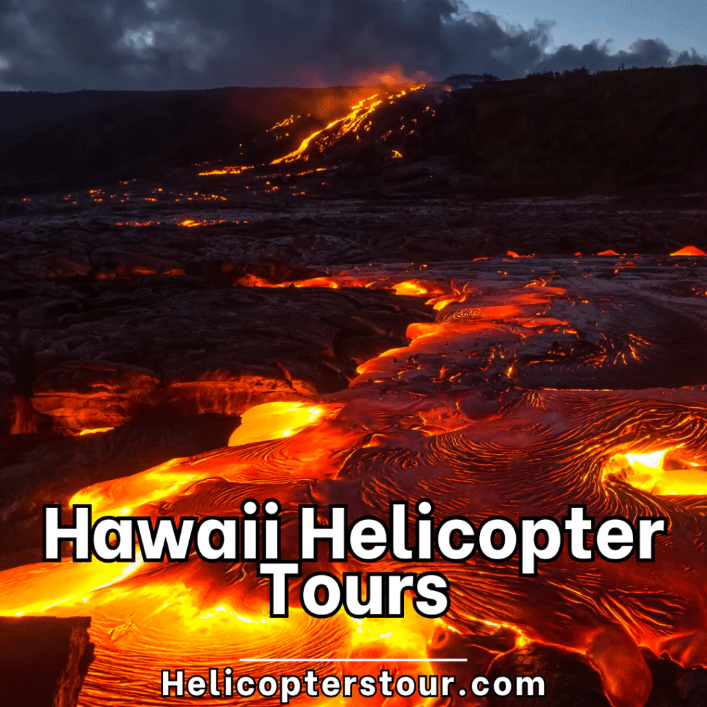 Helicopter flying over an active volcano on Hawaii’s Big Island with visible lava flow and volcanic craters. One of the most thrilling and scenic helicopter tours in the world, combining geology and natural beauty.