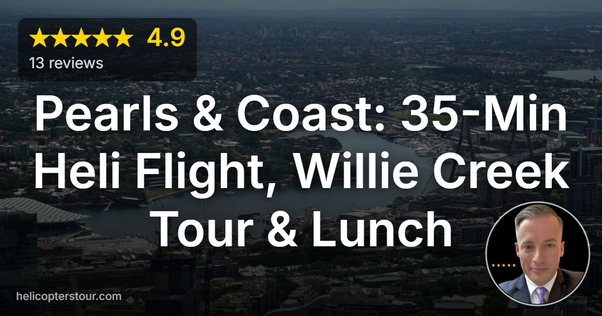 Discover Pearls & Coast: 35-Min Heli Flight, Willie Creek Tour & Lunch in Broome. Experience stunning coastlines, pearl farms & gourmet dining.