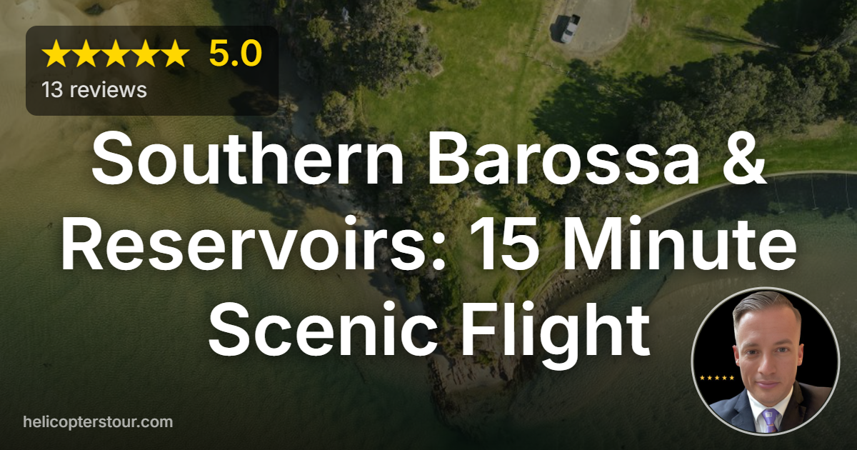 Discover the Southern Barossa & Reservoirs: 15 Minute Scenic Flight. Experience stunning vineyard views and sparkling reservoirs on this unforgettable aerial adventure.