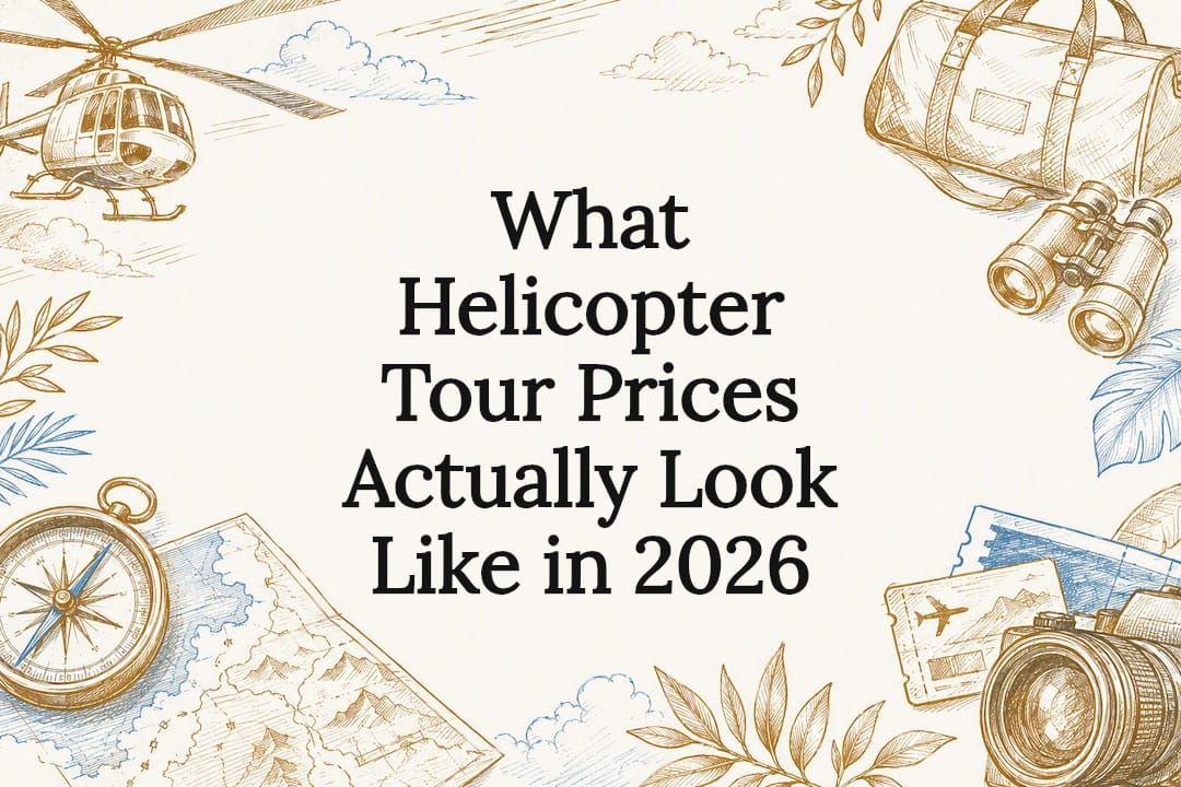 Decorative title card illustration with travel and helicopter elements