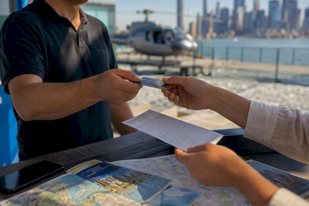 Traveler arranging helicopter tour trip insurance