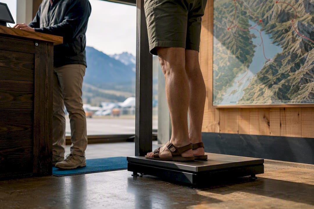 Passenger weighing privately at heliport check-in scale