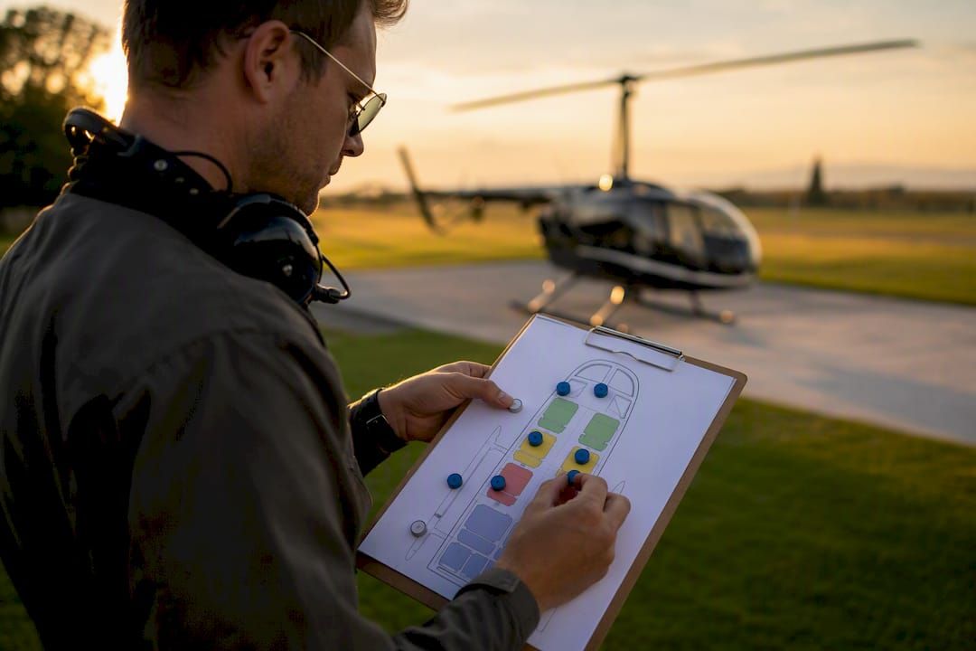 Pilot adjusting helicopter seating weight distribution chart