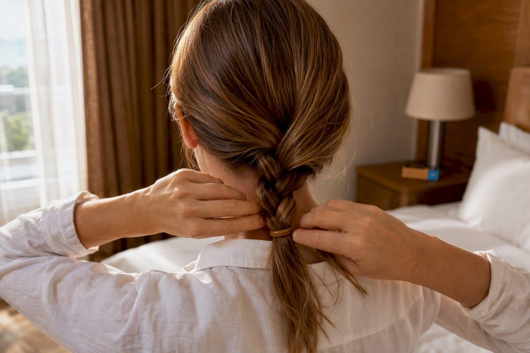 Traveler securing a low braid before flight