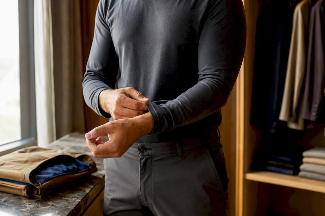 Traveler fastening fitted clothing before flight