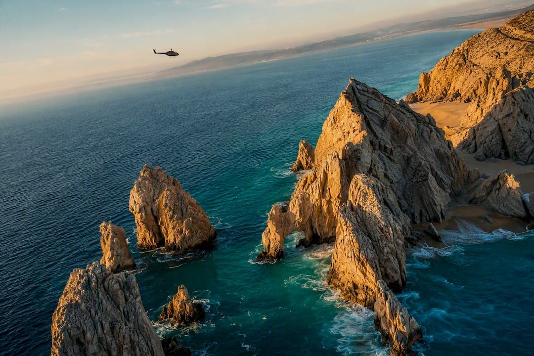 Coastal landmark viewed during helicopter hover