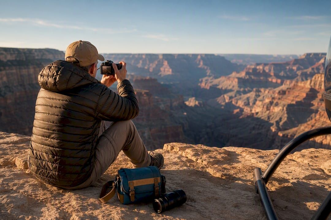 Traveler photographing Grand Canyon from landing stop