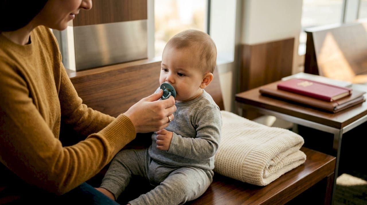 Parent offering pacifier to infant before flight
