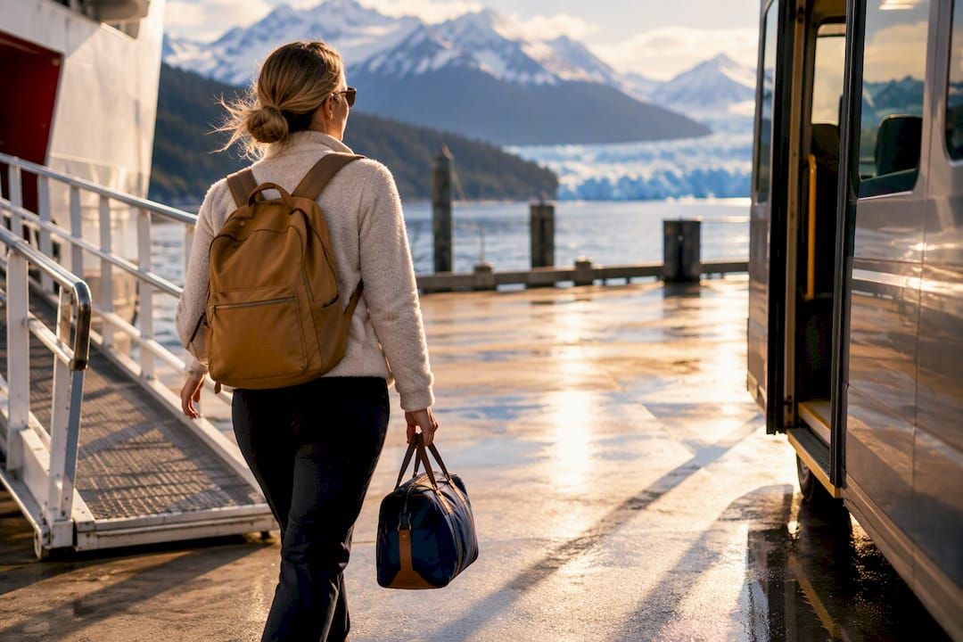 Cruise guest walking toward heliport shuttle