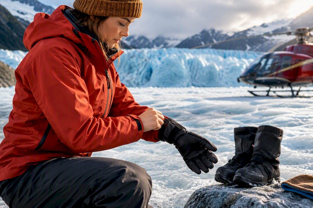 Traveler adjusting glacier clothing and glove