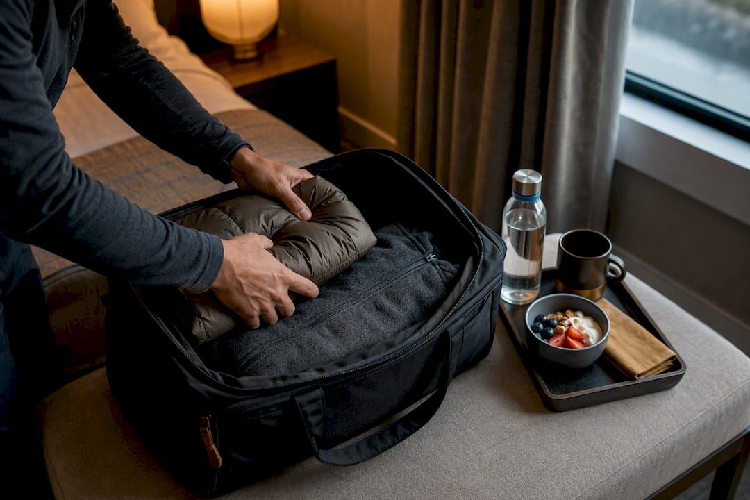 Layered clothing and breakfast prepared for flight