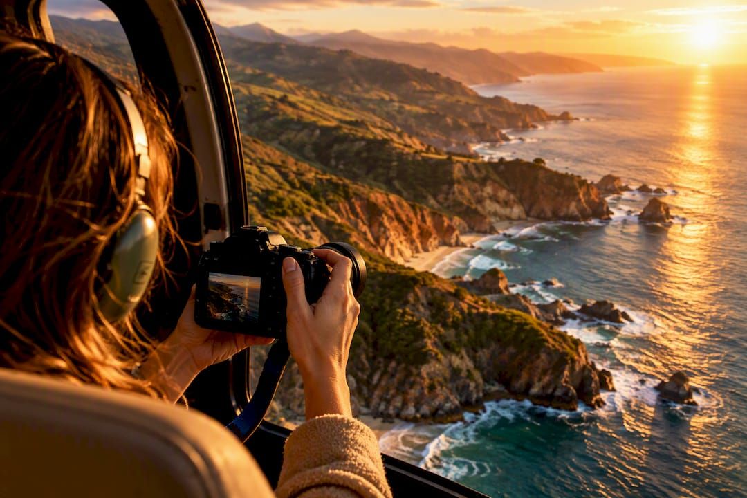 Golden-hour coastline seen from helicopter
