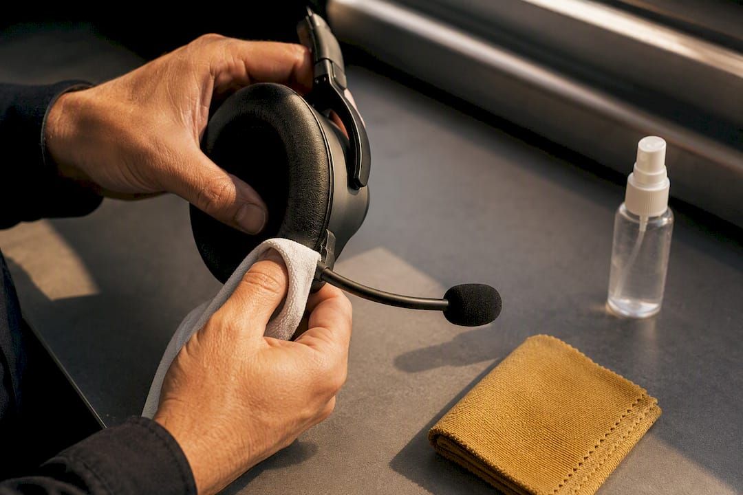 Headset ear cushion being sanitized between flights