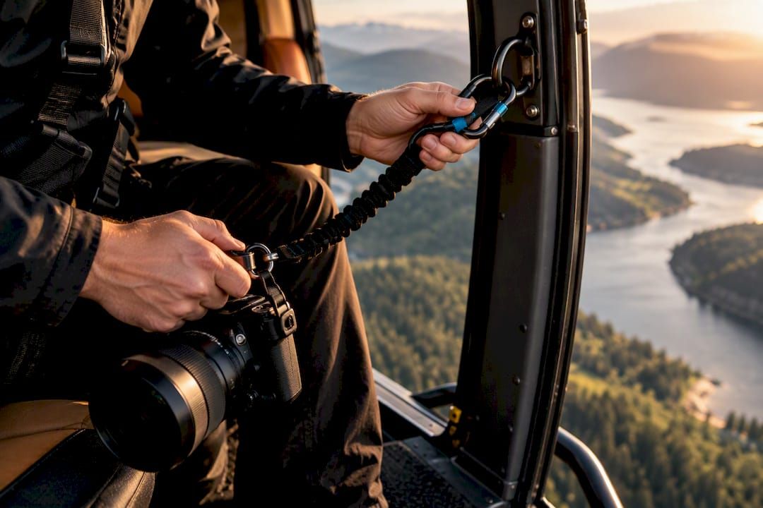Photographer securing camera tether in helicopter