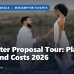 Man kneeling to propose to a woman outdoors at sunset, the kind of moment a helicopter proposal tour can create